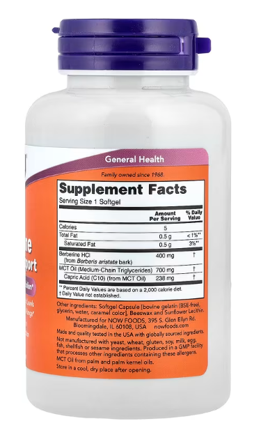 NOW Foods Berberine Glucose Support 60 Softgels supplement facts label showing berberine with MCT oil per serving