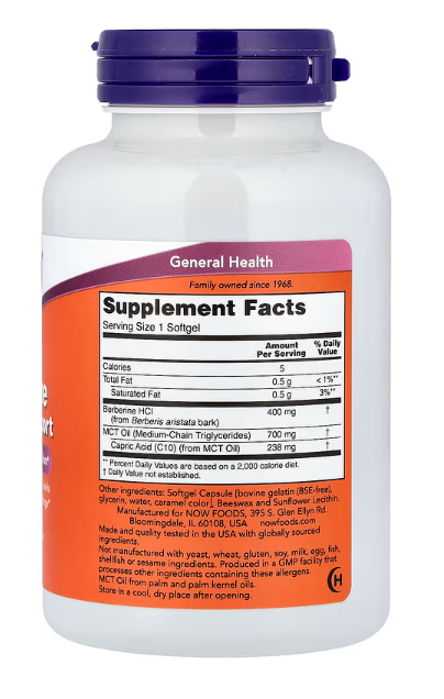 NOW Foods Berberine Glucose Support 90 Softgels bottle front label for glucose metabolism and metabolic support