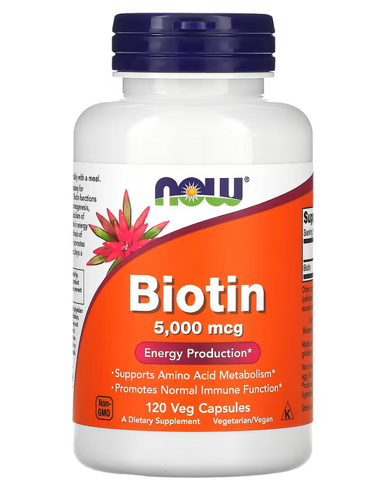 NOW Foods Biotin 5,000 mcg 120 veg capsules bottle front label