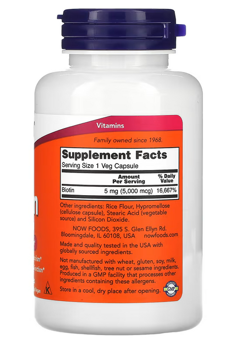 NOW Foods Biotin 5,000 mcg 120 veg capsules supplement facts label