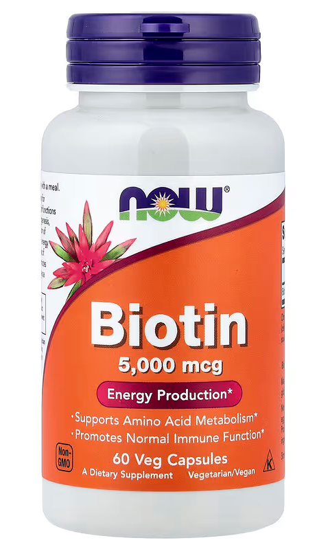 NOW Foods Biotin 5,000 mcg 60 veg capsules supplement facts label