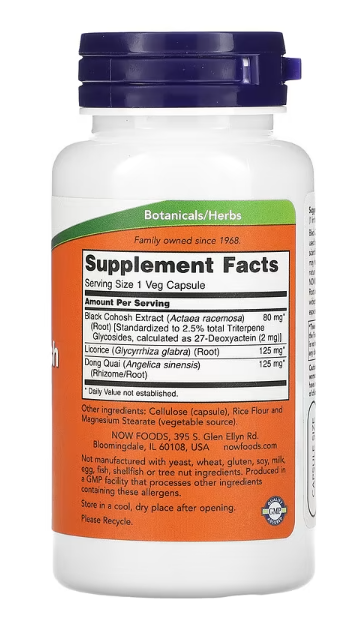 NOW Foods Black Cohosh Root 80 mg 90 veg capsules supplement facts panel showing serving size and ingredient details.