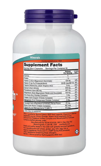 NOW Foods Bone Strength supplement facts label showing MCHA calcium magnesium vitamins C D and K formula information