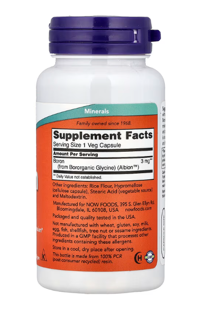 NOW Foods Boron 3 mg 100 veg capsules supplement facts label
