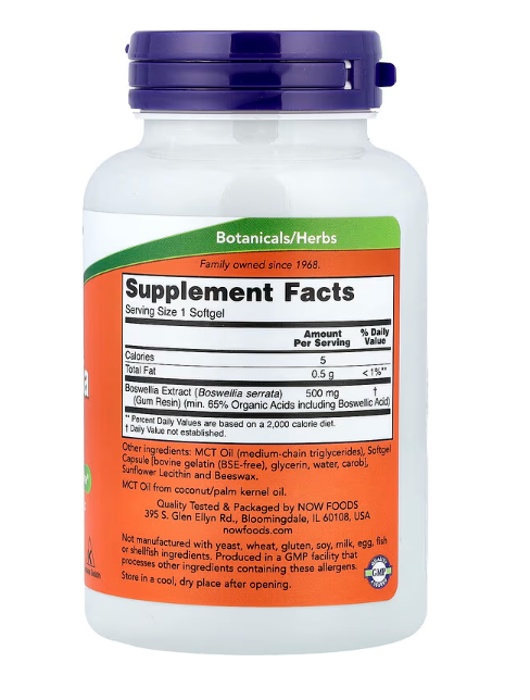 NOW Foods Boswellia Extract 500 mg veg capsules supplement facts label