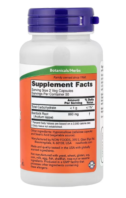 NOW Foods Burdock Root 430 mg 100 veg capsules bottle front label