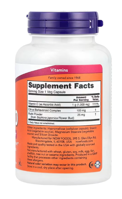 NOW Foods C-1000 100 Veg Capsules supplement facts label showing high potency vitamin C per capsule