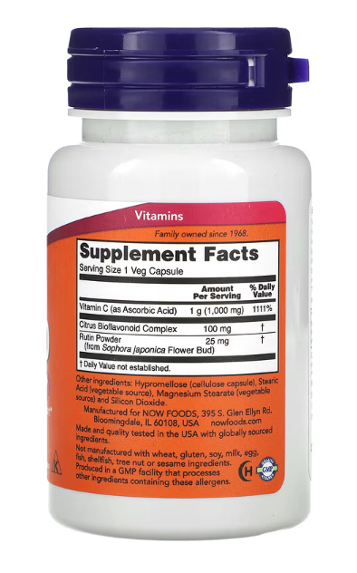 NOW Foods C-1000 30 Veg Capsules supplement facts label showing 1000 mg vitamin C with bioflavonoids