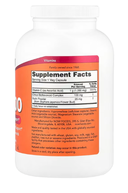 NOW Foods C-1000 500 Veg Capsules supplement facts label displaying vitamin C 1000 mg with bioflavonoids per serving
