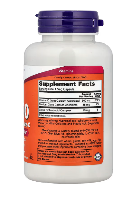 NOW Foods Vitamin C-500 calcium ascorbate supplement facts and ingredient label