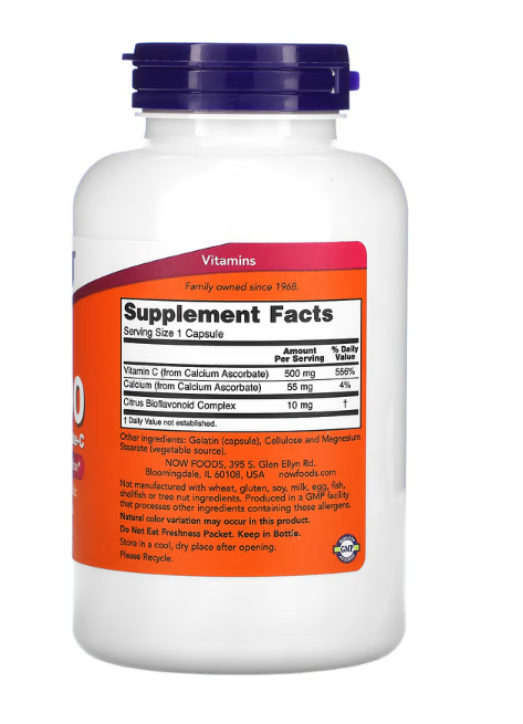 NOW Foods Vitamin C-500 calcium ascorbate supplement facts and ingredient label 250 Veg Capsules