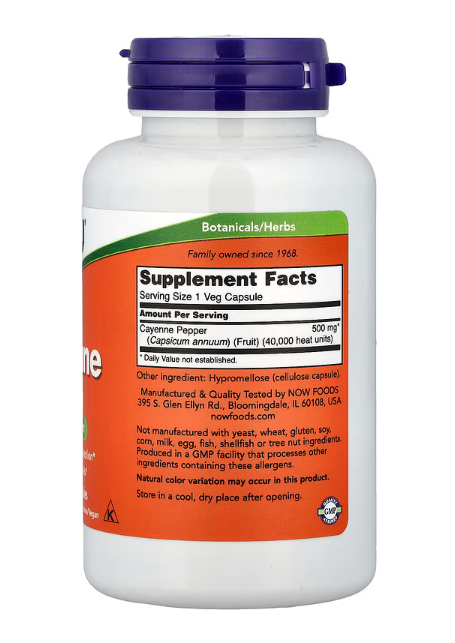 NOW Foods Cayenne 500 mg, 100 Veg Capsules bottle front label