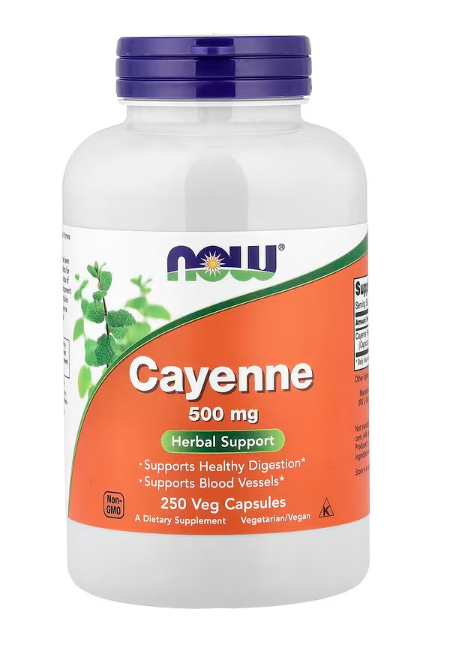 NOW Foods Cayenne 500 mg, 250 Veg Capsules bottle front label