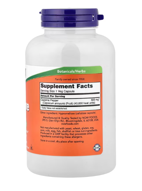 NOW Foods Cayenne 500 mg, 250 Veg Capsules supplement facts label