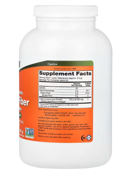 NOW Foods Certified Organic Acacia Fiber Pure Powder 12 oz supplement facts label showing soluble fiber per serving