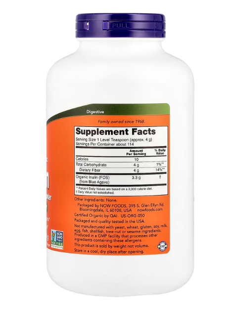 NOW Foods Certified Organic Inulin Prebiotic Pure Powder supplement facts label 1 lb 454 g container