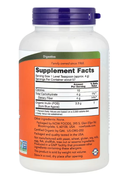 NOW Foods Certified Organic Inulin Prebiotic Pure Powder supplement facts label 8 oz 227 g container