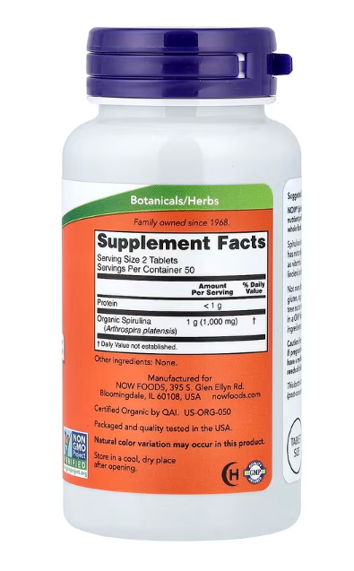 NOW Foods Certified Organic Spirulina 500 mg supplement facts label bottle 100 tablets
