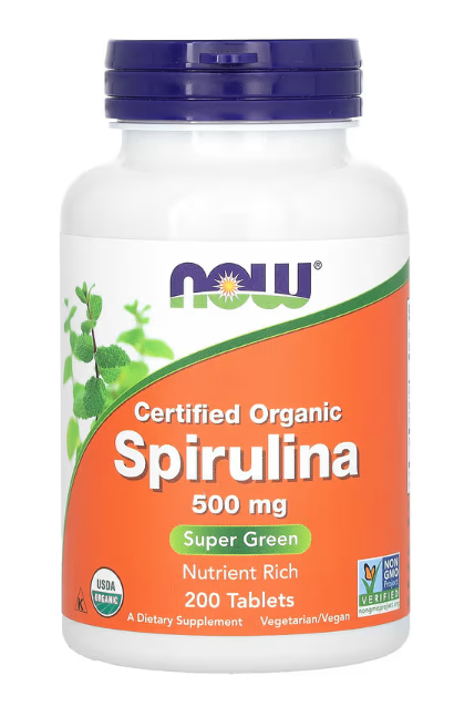 NOW Foods Certified Organic Spirulina 500 mg super green nutrient rich tablets bottle 200 tablets