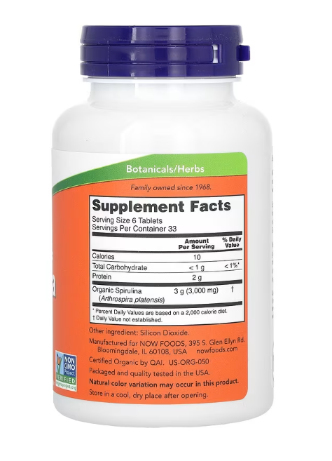 NOW Foods Certified Organic Spirulina 500 mg supplement facts label bottle 200 tablets