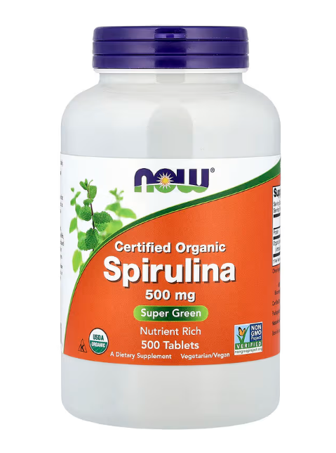 NOW Foods Certified Organic Spirulina 500 mg nutrient rich blue green algae tablets bottle 500 tablets