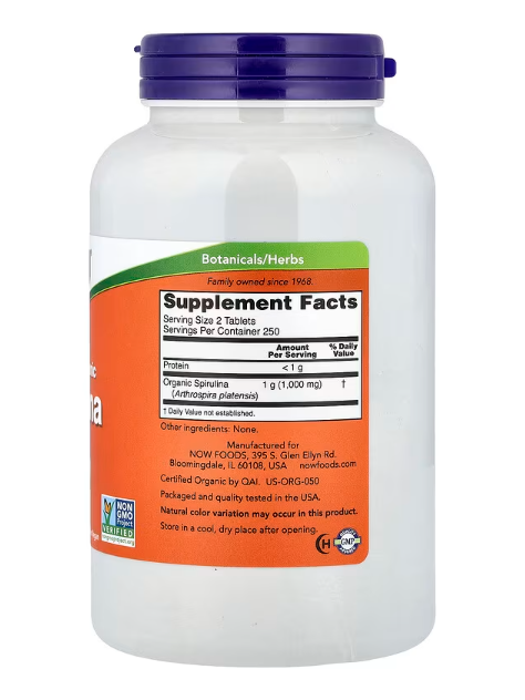 NOW Foods Certified Organic Spirulina 500 mg supplement facts label bottle 500 tablets