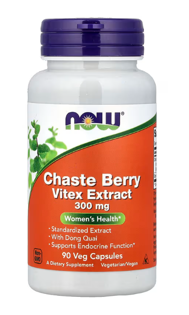 NOW Supplements Chaste Berry Vitex Extract 300 mg with Dong Quai 90 Veg Capsules bottle front label for women’s hormonal balance support
