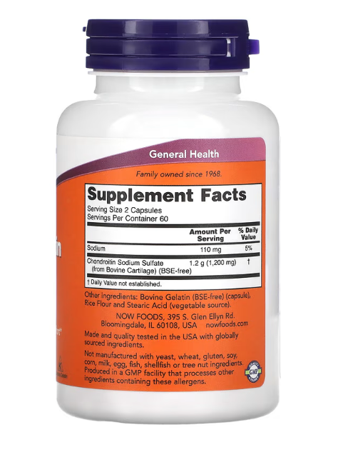 NOW Foods Chondroitin Sulfate 600 mg supplement facts label cartilage support formula