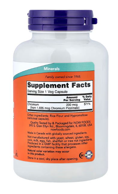 NOW Foods Chromium Picolinate 200 mcg supplement facts label bottle 250 veg capsules