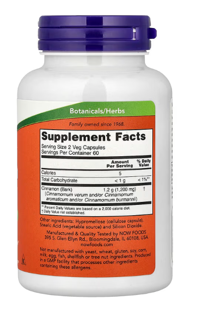 NOW Foods Cinnamon Bark supplement facts directions label 600 mg capsules