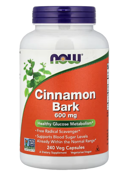 NOW Foods Cinnamon Bark 600 mg 240 veg capsules herbal supplement bottle front label