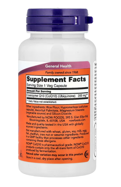 NOW Foods CoQ10 supplement facts label showing coenzyme Q10 content per serving