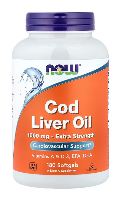 NOW Foods Cod Liver Oil 1,000 mg Extra Strength 180 softgels with vitamins A & D-3 bottle front label. 