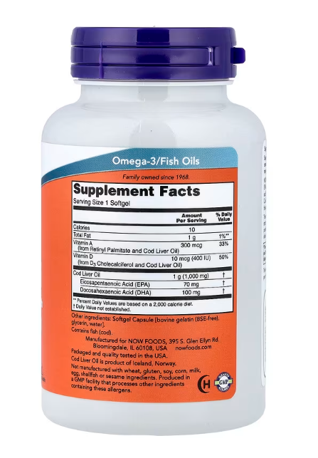 NOW Foods Cod Liver Oil 1,000 mg 90 softgels supplement facts panel showing EPA, DHA, and vitamins A & D-3 content.