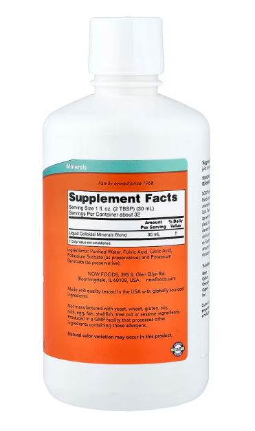 NOW Foods Colloidal Minerals supplement facts label showing trace mineral content 32 fl oz