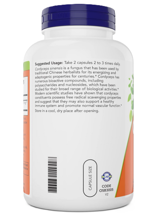 NOW Foods Cordyceps 750 mg 90 Veg Capsules Supplement Facts panel showing serving size and mushroom extract details