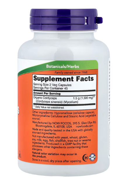 NOW Foods Cordyceps 750 mg 90 Veg Capsules adaptogenic mushroom supplement front label