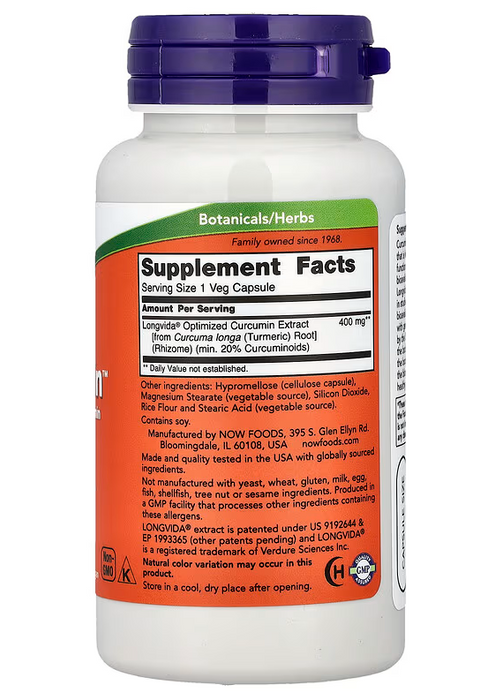 NOW Foods CurcuBrain curcumin 400 mg veg capsules supplement facts label