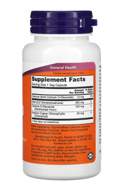 NOW Foods DIM supplement facts directions label 200 mg capsules