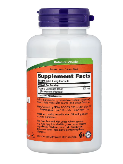 NOW Foods Dandelion Root 500 mg, 100 Veg Capsules supplement facts label