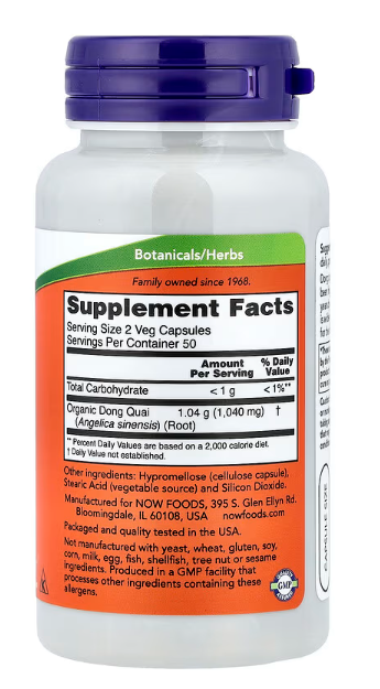NOW Foods Dong Quai supplement facts and directions panel 100ct