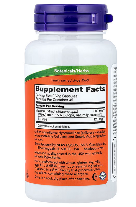 NOW Foods Dopa Mucuna 90 veg capsules supplement facts label