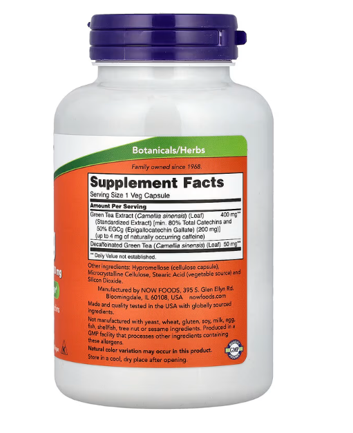 NOW Foods EGCg Green Tea Extract 400 mg 180 veg capsules supplement facts and directions label