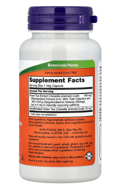 NOW Foods EGCg Green Tea Extract 400 mg 90 veg capsules supplement facts and directions label