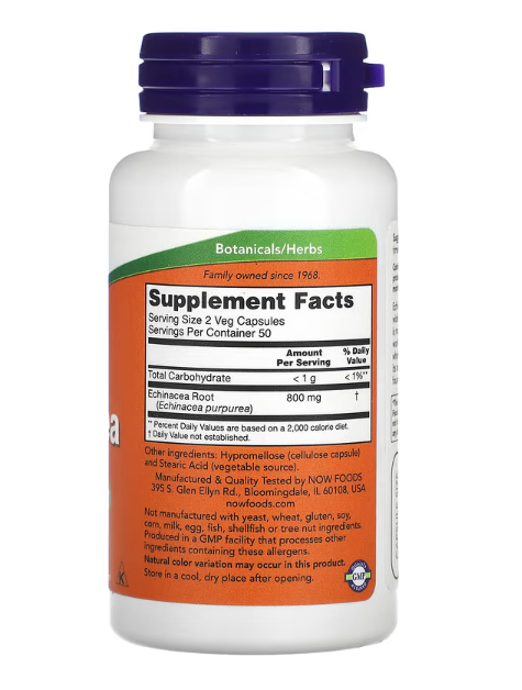 NOW Foods Echinacea 400 mg 100 Veg Capsules Supplement Facts panel showing serving size and echinacea purpurea root