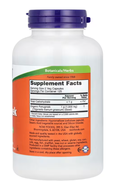 NOW Foods Fenugreek supplement facts and directions panel