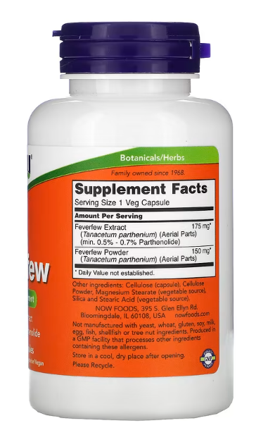 NOW Foods Feverfew supplement facts panel with dosage information and ingredient list on bottle back label