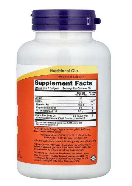 NOW Foods Flax Oil 1000 mg 100 softgels supplement facts panel