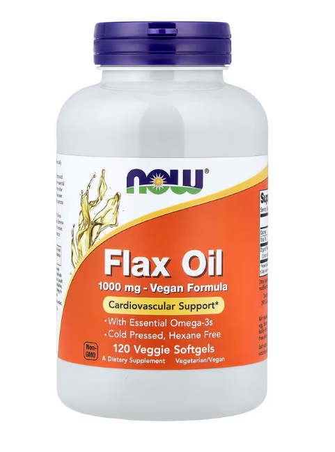 NOW Foods Flax Oil 1000 mg 120 veggie softgels cold pressed omega-3 supplement front label