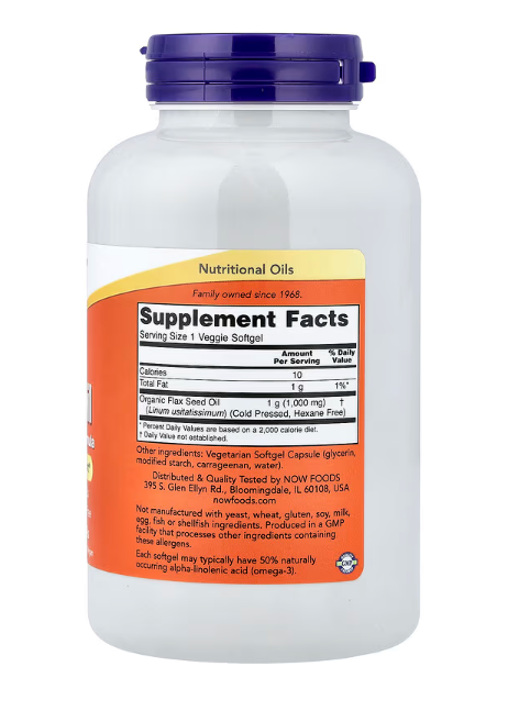 NOW Foods Flax Oil 1000 mg 120 veggie softgels supplement facts panel